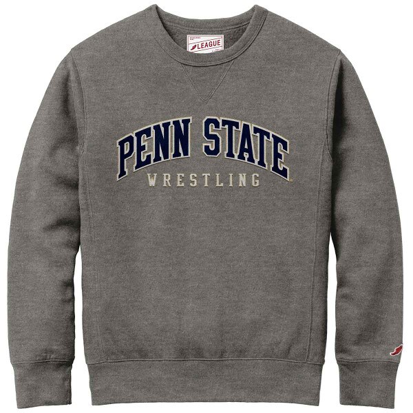 gray crew neck sweatshirt with sewn Penn State Wrestling